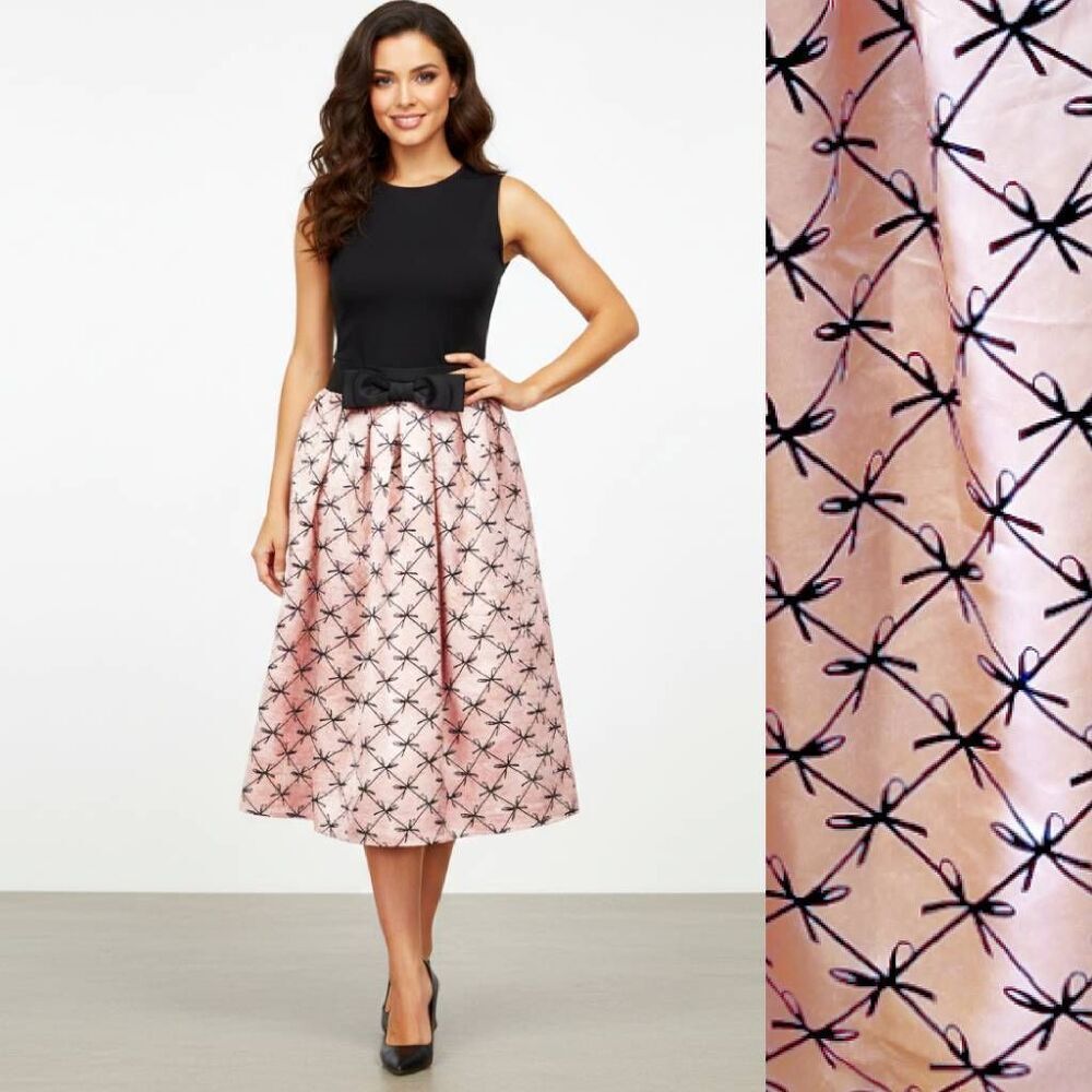 Her Destiny Pink Satin Black Bows Full ALine Coquette Midi Skirt XL Pull On